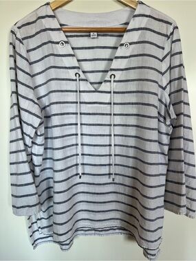 Nautica White & Navy Striped Lace-Up Nautical Blouse Top XL